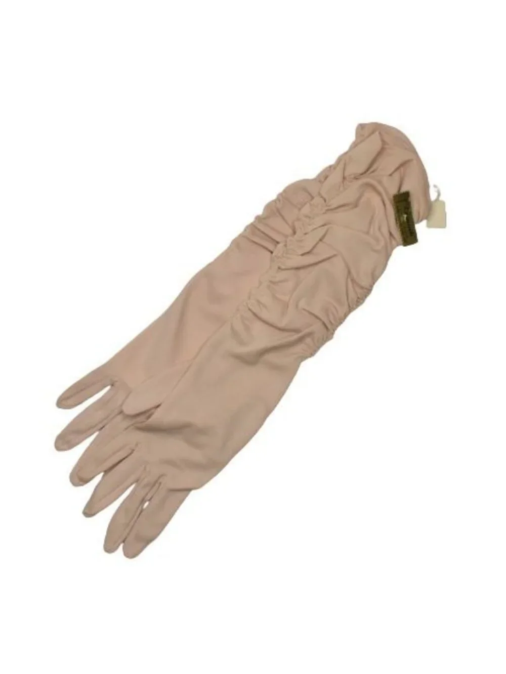 Vintage Exquisite Miracle Gloves Beige Nylon Elbow Length Formal Prom USA Made